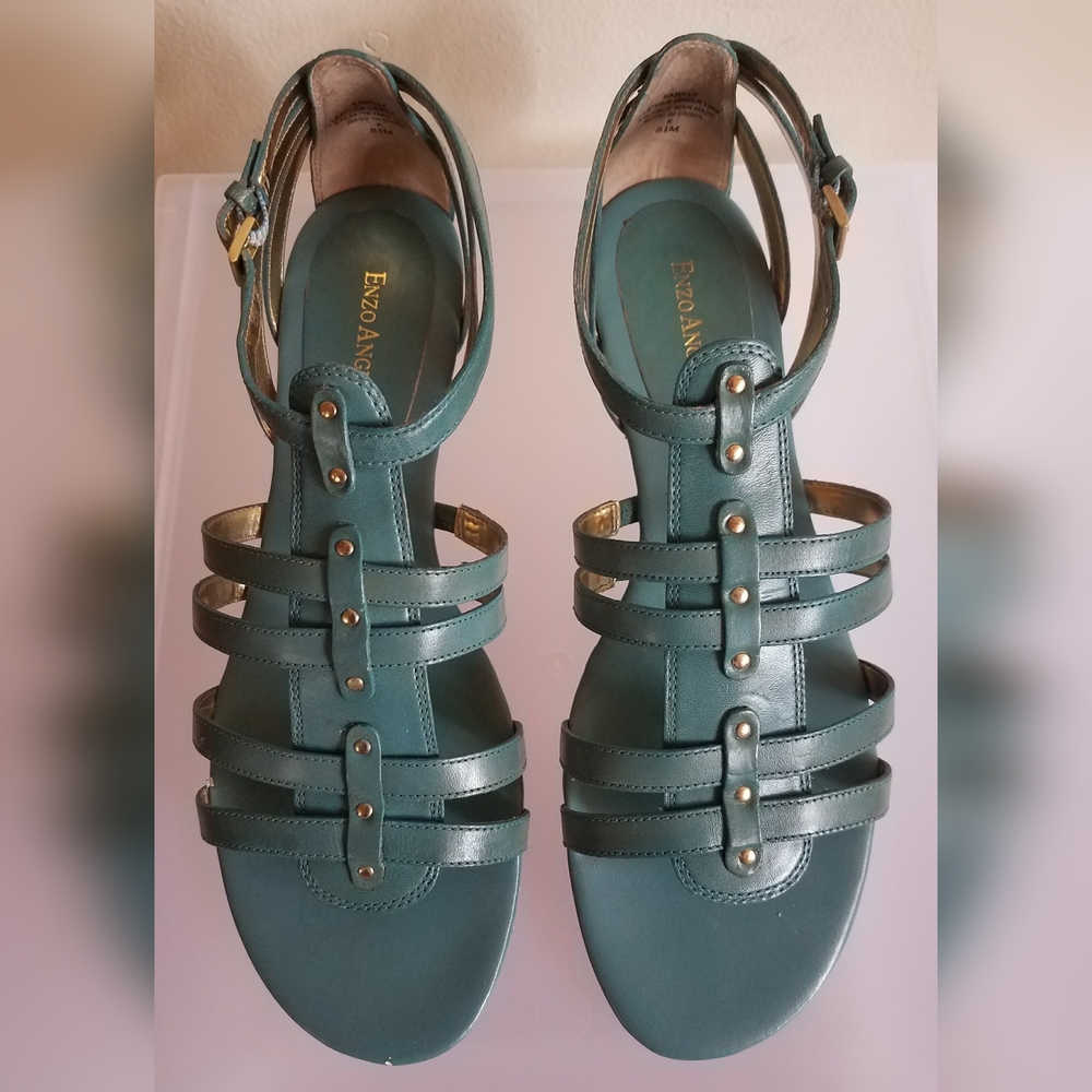 ENZO ANGIOLINI TEAL WITH GOLD DETAILS LEATHER LOW WEDGE HEEL